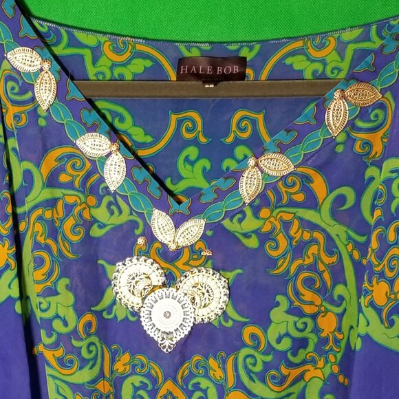 Hale Bob Womens Small Cold Shoulder Blouse Silk Boho Festival Green Blue - Picture 5 of 7